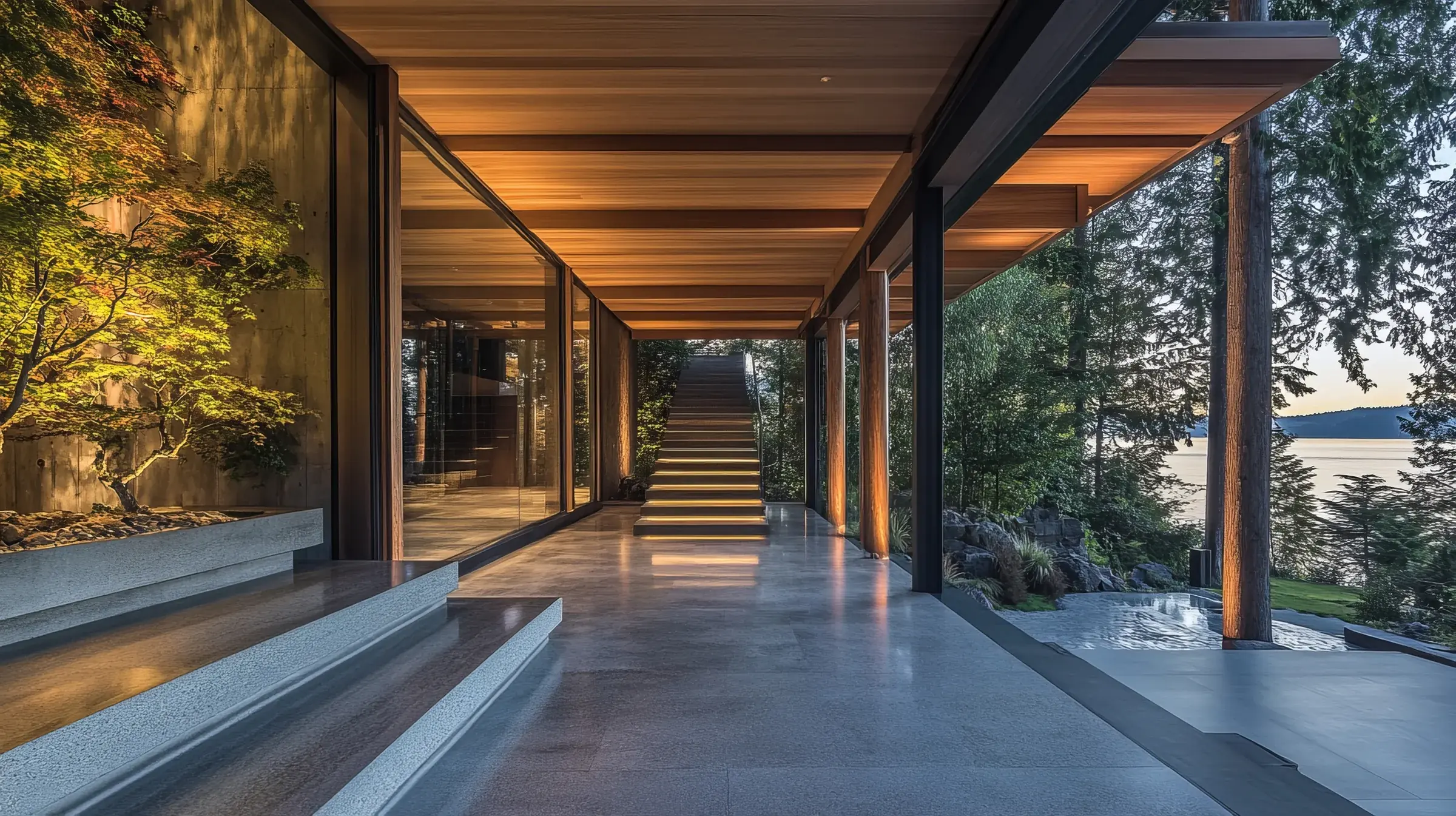 A contemporary waterfront home at golden hour, cedar and glass