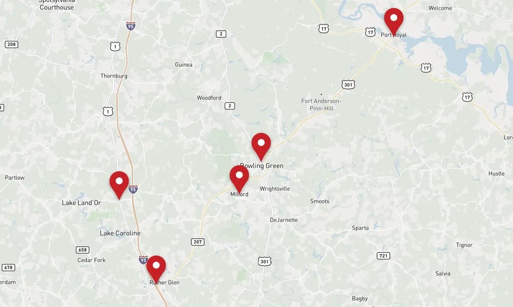 Map of Caroline, Virginia, marking Bowling Green, Milford, Port Royal, Ladysmith, and 1 more