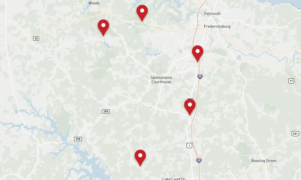 Map of Spotsylvania, Virginia, marking Chancellorsville, Massaponax, Thornburg, Partlow, and 1 more