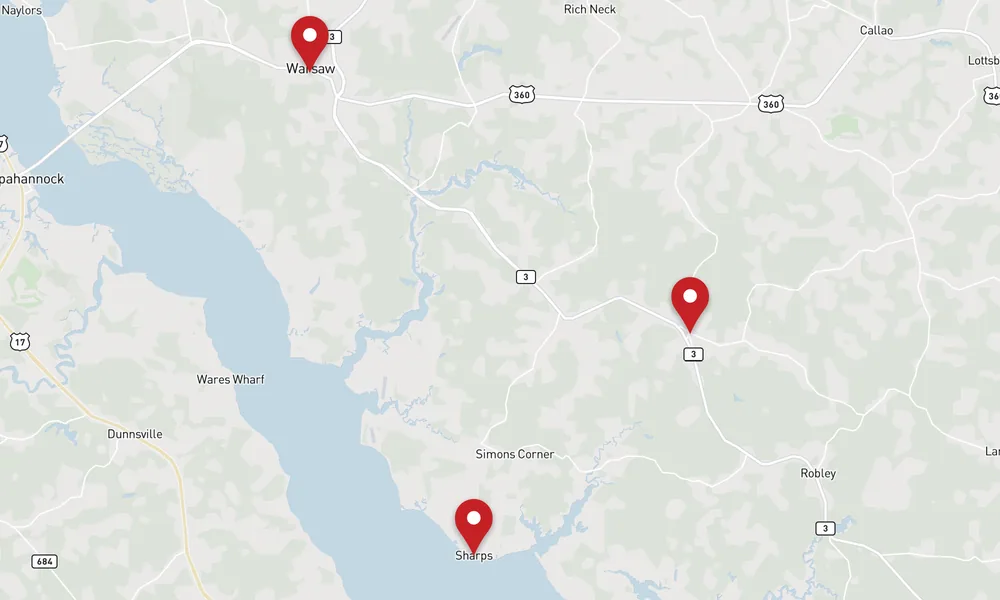 Map of Richmond County, Virginia, marking Warsaw, Farnham, and Sharps