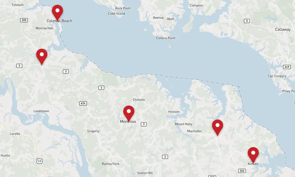 Map of Westmoreland, Virginia, marking Colonial Beach, Montross, Oak Grove, Hague, and 1 more