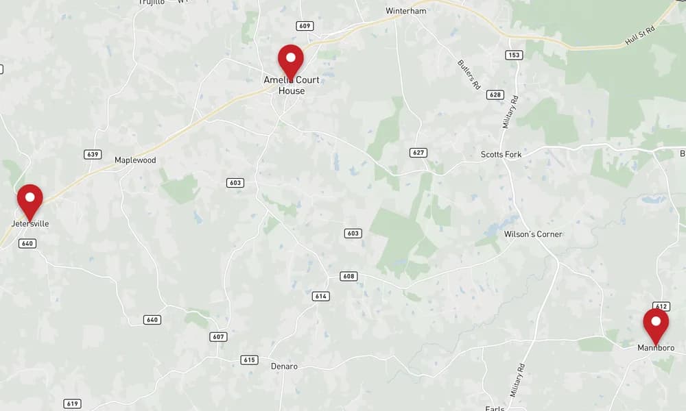 Map of Amelia, Virginia, marking Amelia Court House, Jetersville, and Mannboro