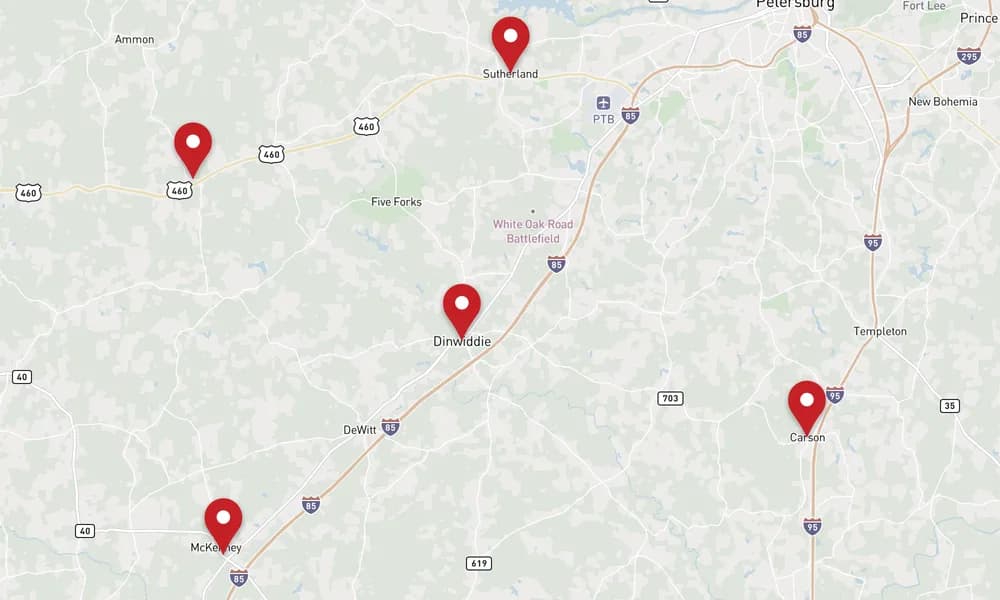 Map of Dinwiddie, Virginia, marking Dinwiddie, McKenney, Carson, Sutherland, and 1 more